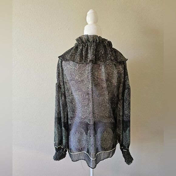 Alice + Olivia Sheer Dark Green And Black Paisley Long Sleeve Ruffle Top Small - Picture 4 of 9
